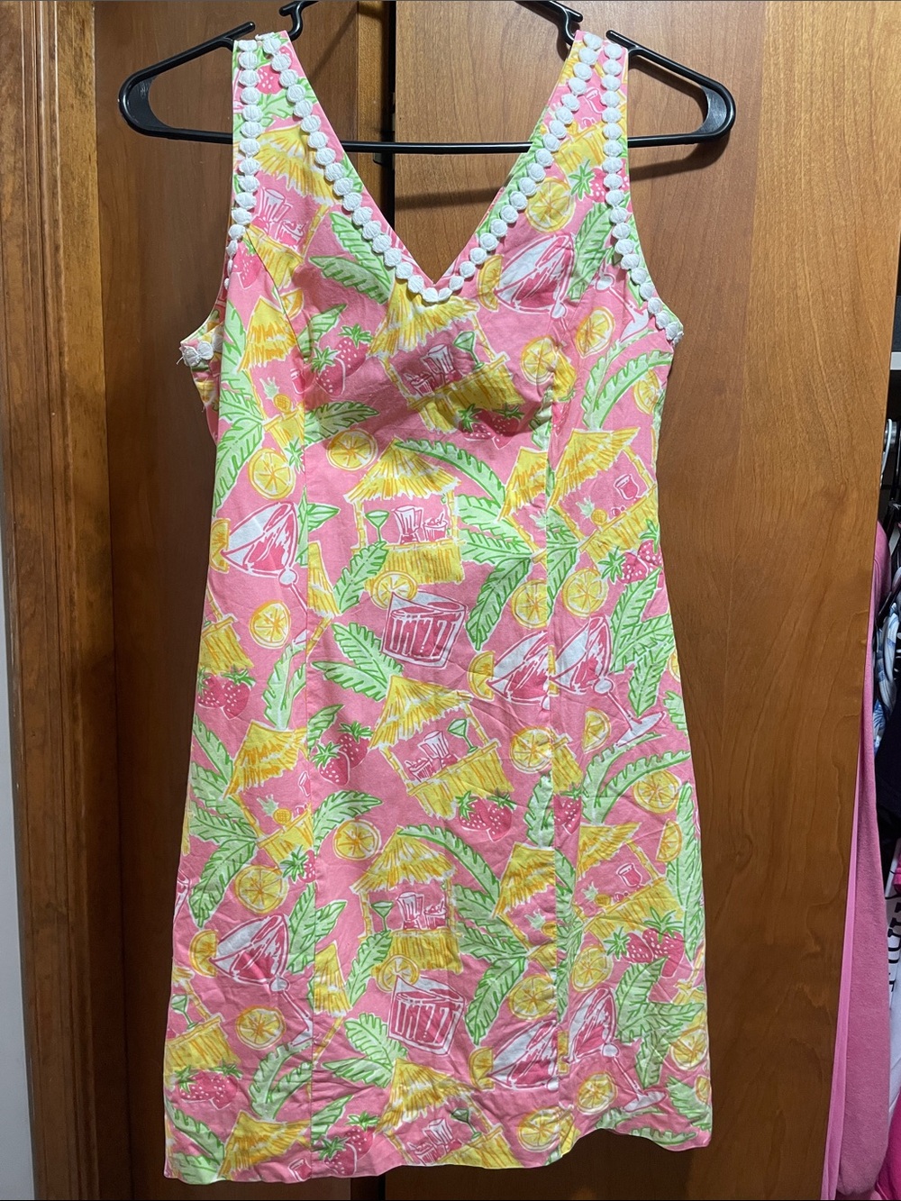 Vintage Lilly Pulitzer Tropical Pink Shift dress with Fruit/Tiki Hut Print